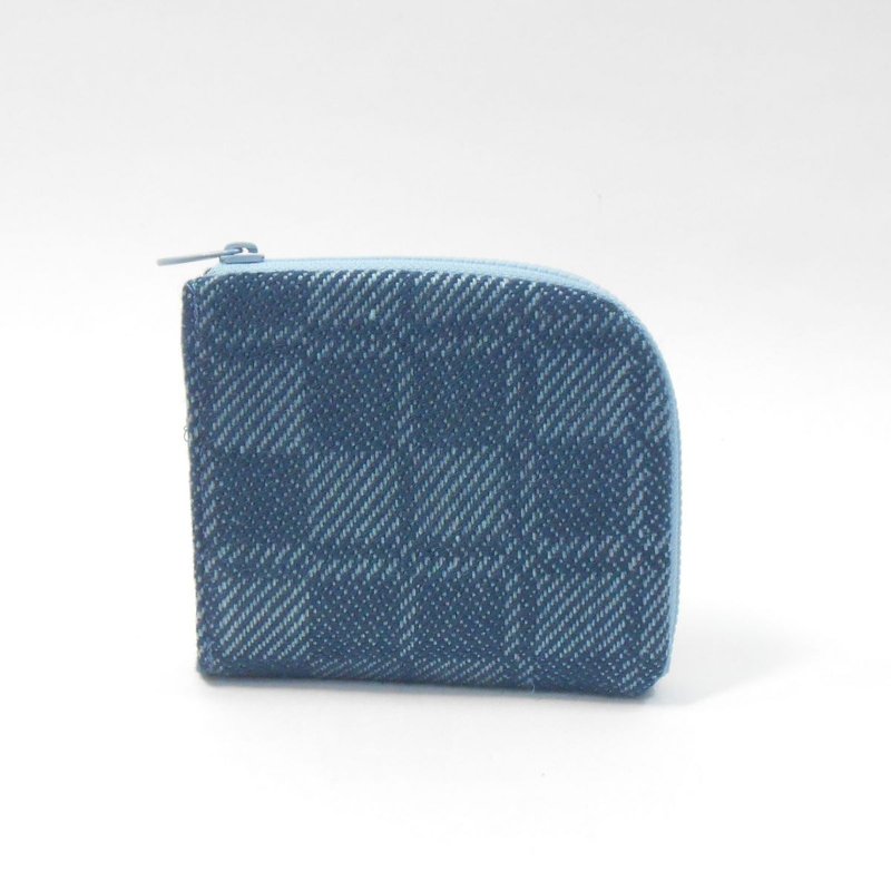 手织布 L型短夹04 含零钱袋 卡夹 - 皮夹/钱包 - 棉．麻 蓝色