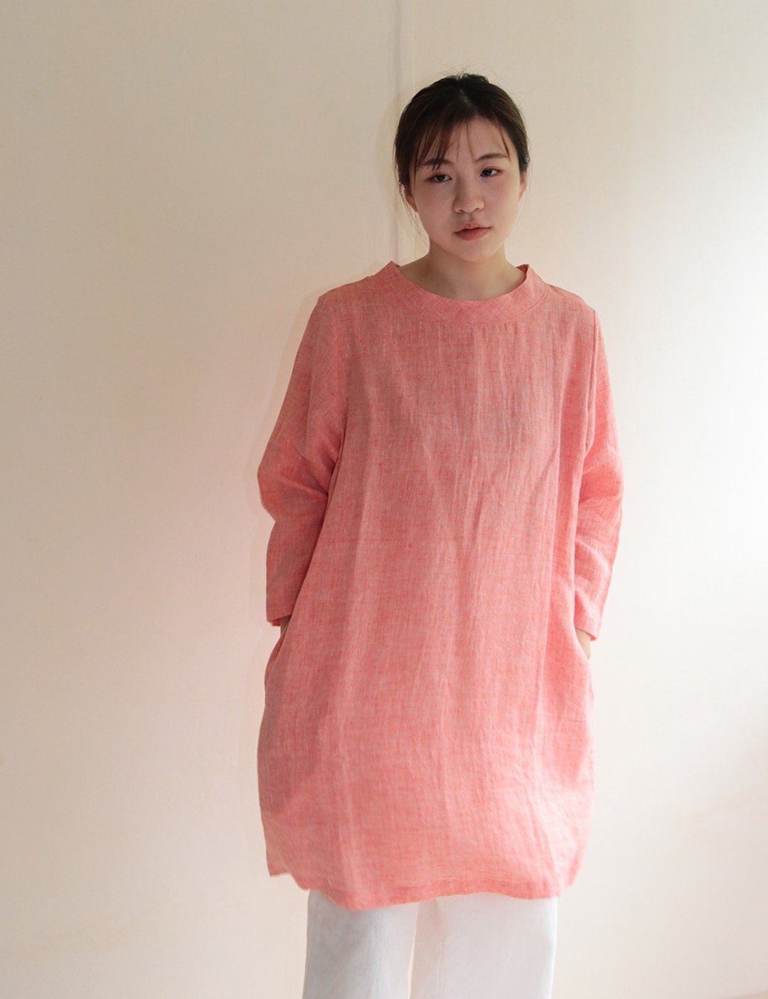 Hemp bottleneck tunic coral pink - 洋装/连衣裙 - 棉 红色