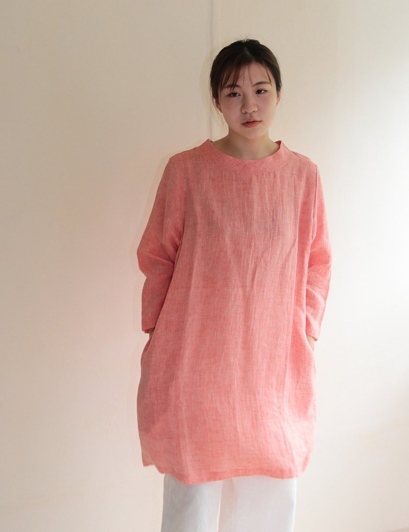 Hemp bottleneck tunic coral pink - 洋装/连衣裙 - 棉．麻 红色