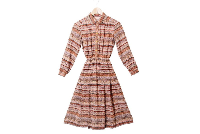 Giraffe 长颈鹿人_复古图腾长袖古着洋装 - 洋装/连衣裙 - 聚酯纤维 咖啡色