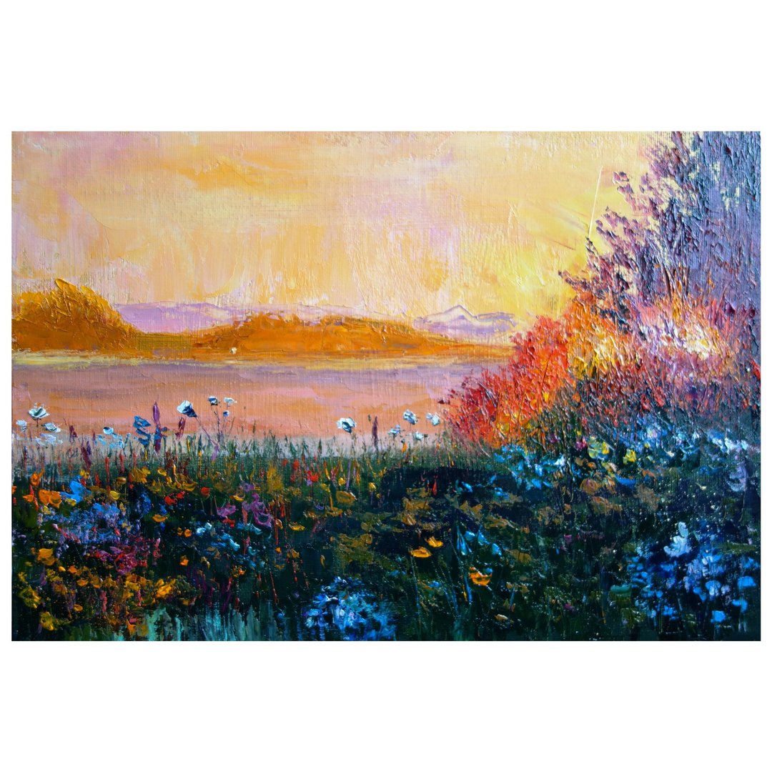 Sunset Painting Original Oil Landscape Artwork Wildflower Canvas Art Impasto - 海报/装饰画/版画 - 颜料 多色
