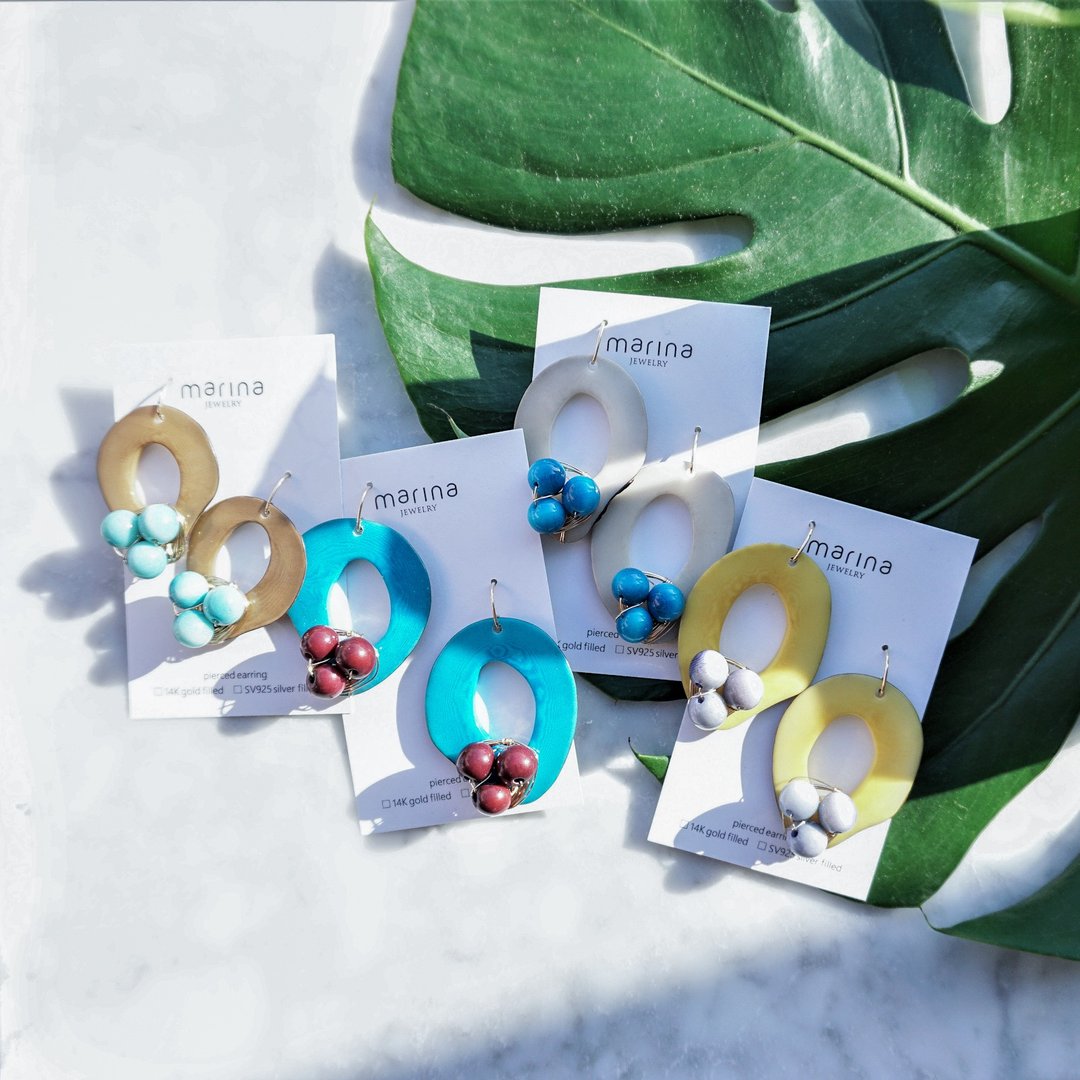 *14kgf 紫色 x 绿松石 Tagua Nuts 片穿孔耳环 / 耳环 - 耳环/耳夹 - 木头 蓝色