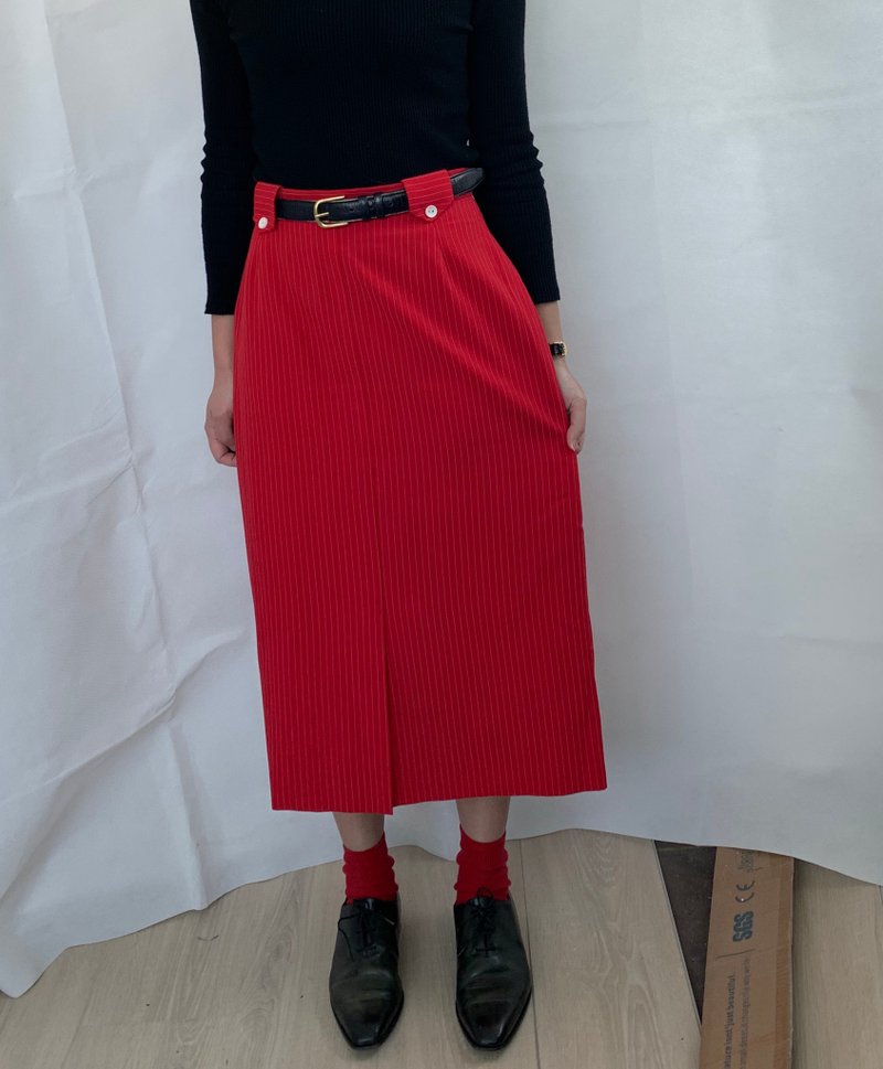 古着大红 条纹直身半截裙 - 裙子 - 聚酯纤维 红色