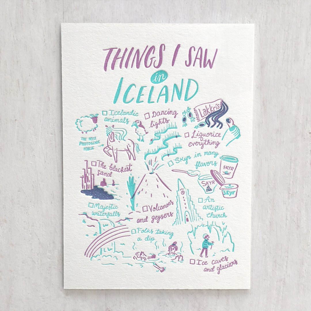 Things I Saw in Iceland Letterpress Postcard - 卡片/明信片 - 纸 紫色