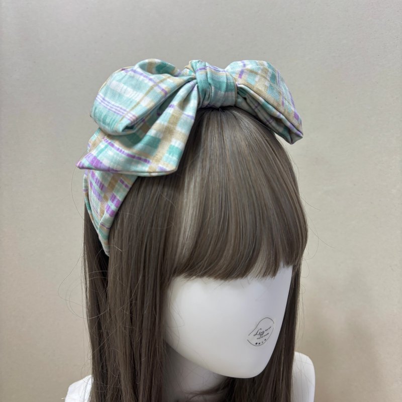 水彩涂鸦格纹 | 交织蝴蝶结发箍 - 发饰 - 棉．麻 粉红色