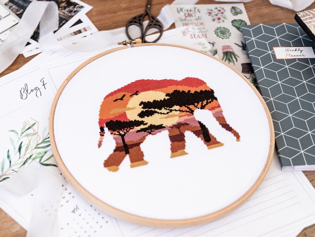 Safari Elephant Cross Stitch Kit - 编织/刺绣/羊毛毡/裁缝 - 其他材质 
