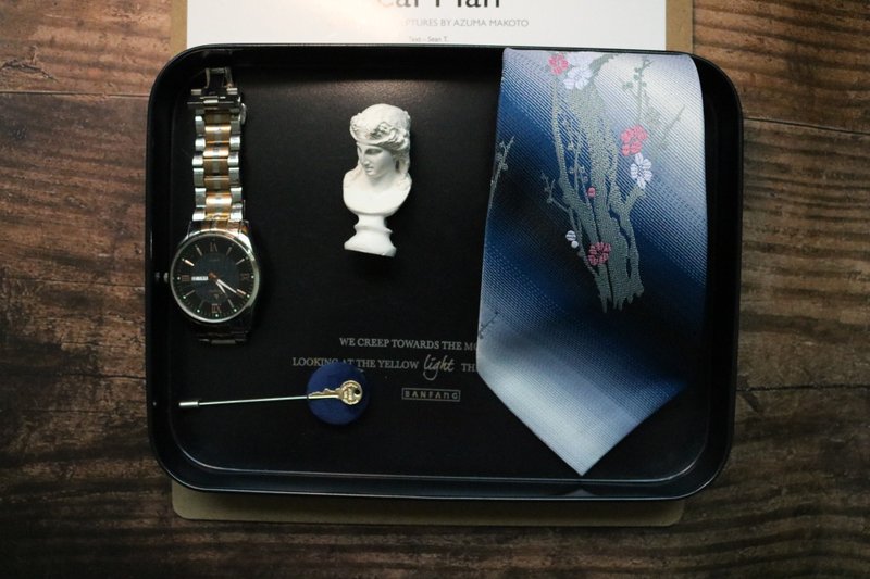 蓝色真丝梅花刺绣领带复古中国风早梅necktie - 领带/领带夹 - 丝．绢 蓝色