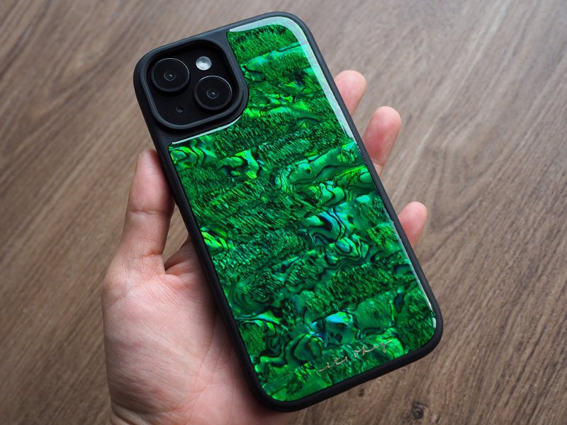 绿色 鲍鱼贝壳 手工手机壳 适用iPhone16,15,14,13,12,11ProMax - 手机壳/手机套 - 贝壳 绿色