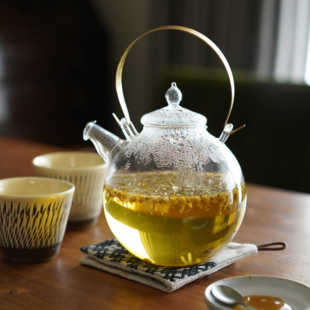 日本霜山 复古风黄铜握柄耐热玻璃茶壶 -1L - 茶具/茶杯 - 玻璃 透明