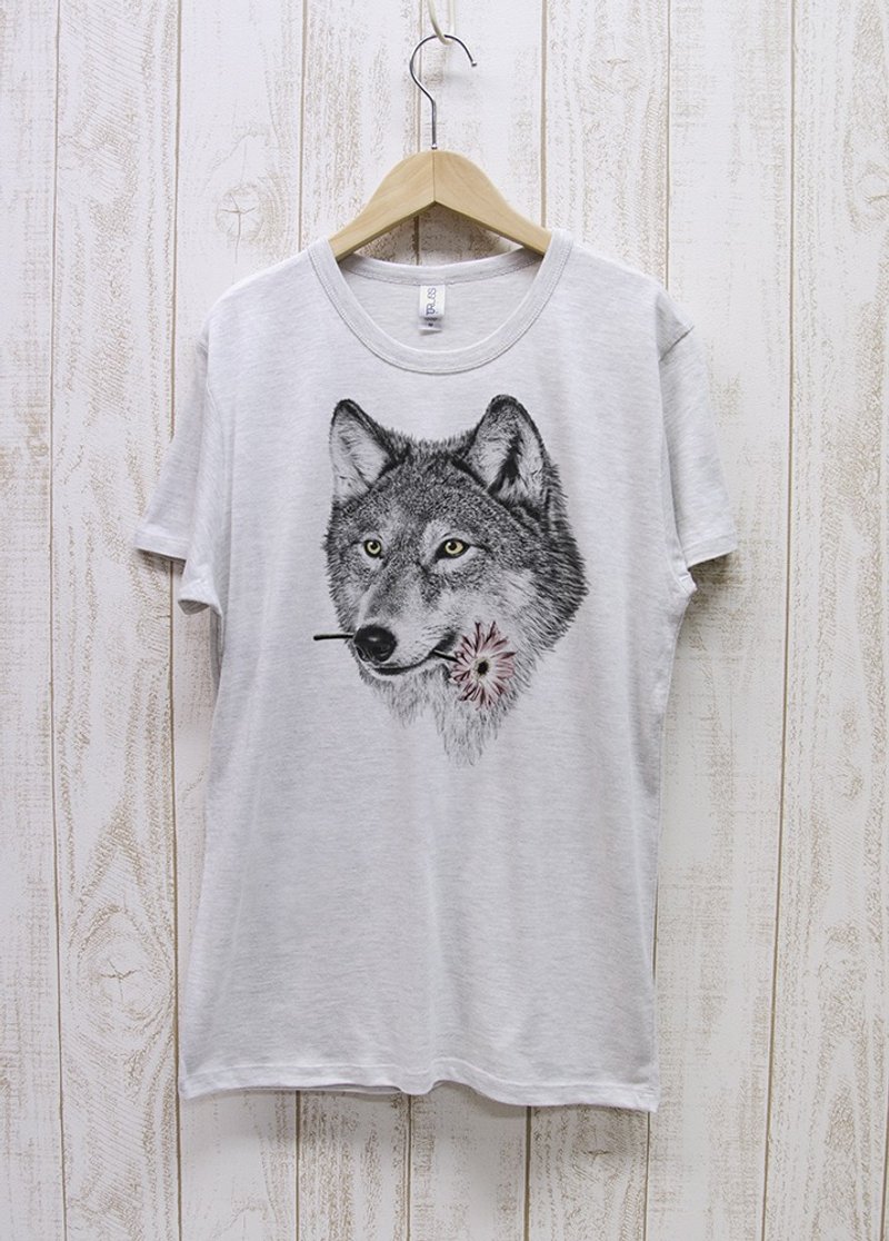 ronronWOLF Tee Here you go Heather White / R027-TT-HWH - 中性连帽卫衣/T 恤 - 棉．麻 白色