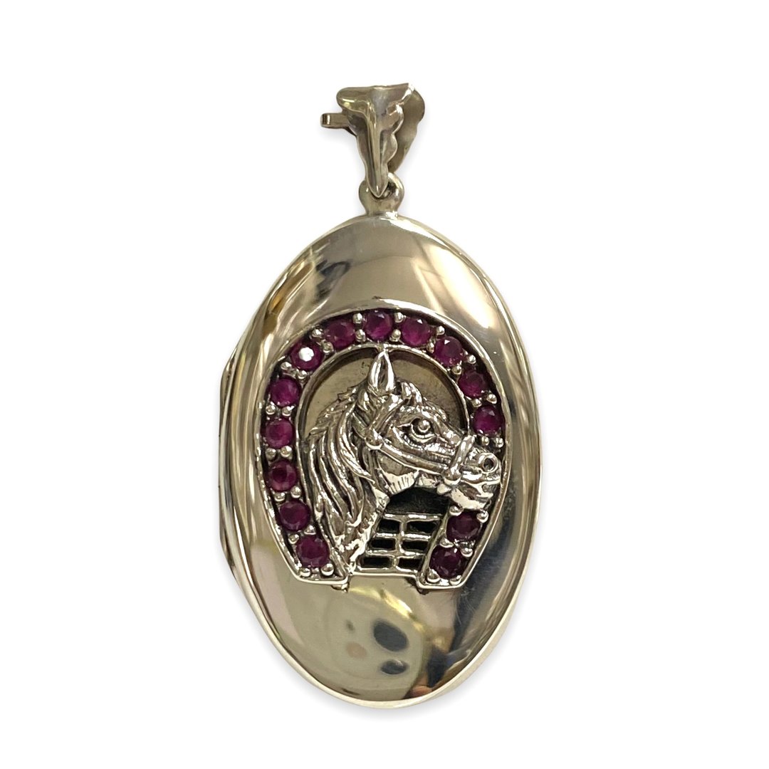Large Victorian Style Horse & Ruby Horseshoe Locket Pendant 925 Sterling Silver - 项链 - 纯银 银色