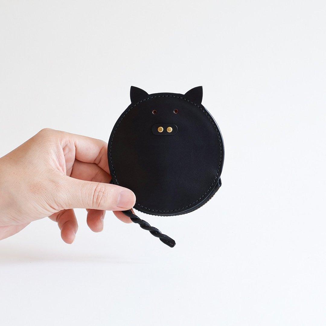 手工缝制手染黑色皮革小猪零钱包 - 零钱包 - 真皮 黑色