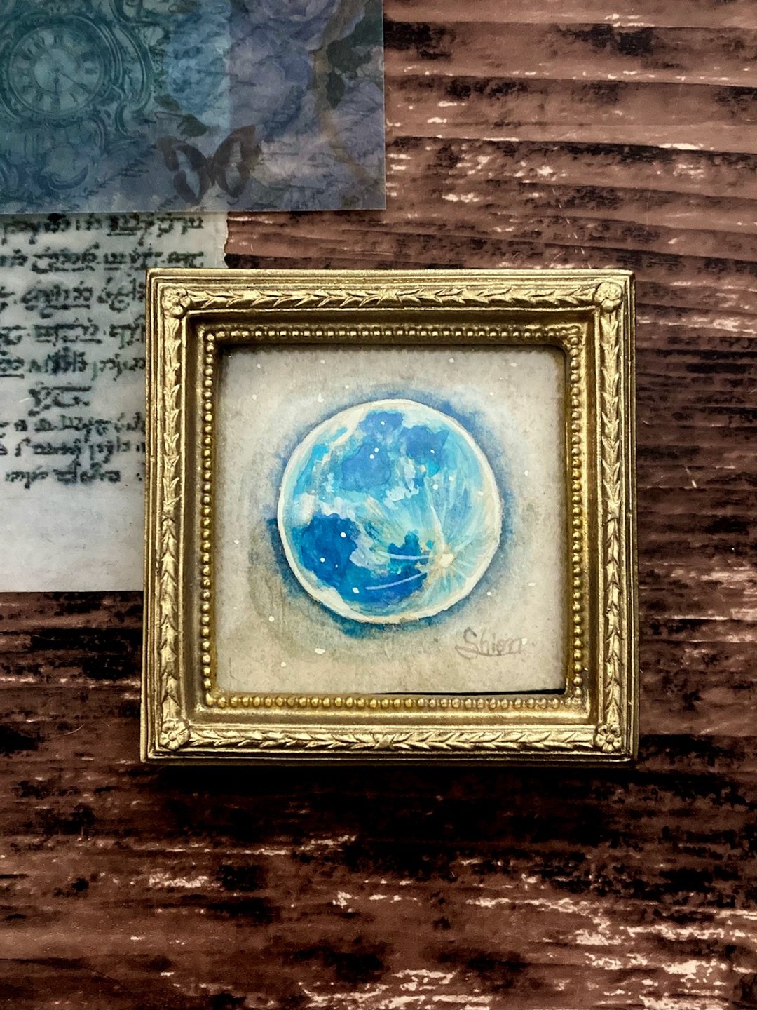 浅蓝色满月画,装框,原画,仿古风格 - 海报/装饰画/版画 - 纸 蓝色
