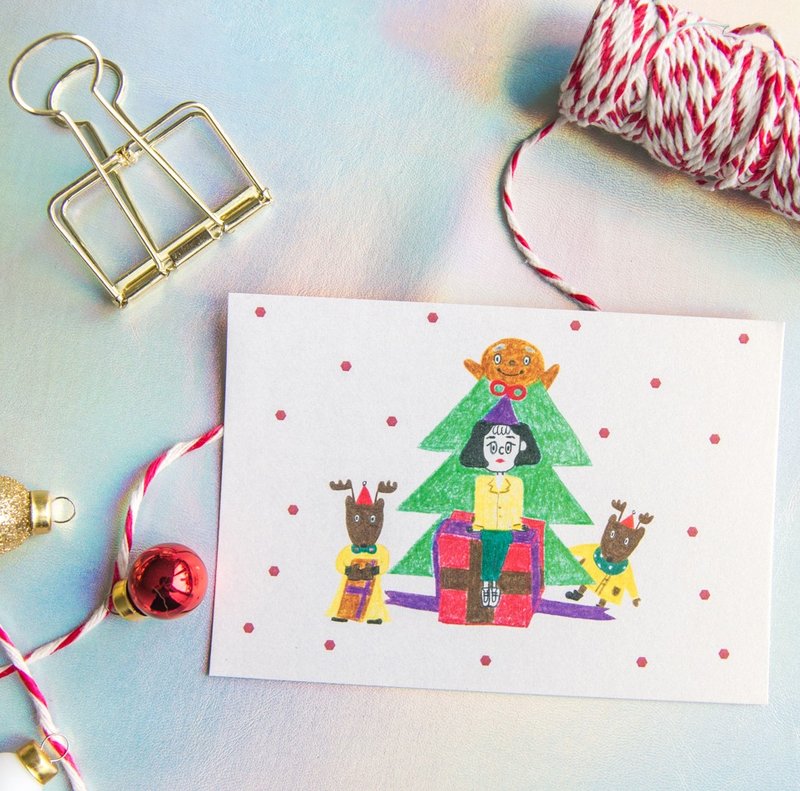 【圣诞节限定】麋鹿与姜饼人好朋友 插画故事明信片（2色） - 卡片/明信片 - 纸 白色