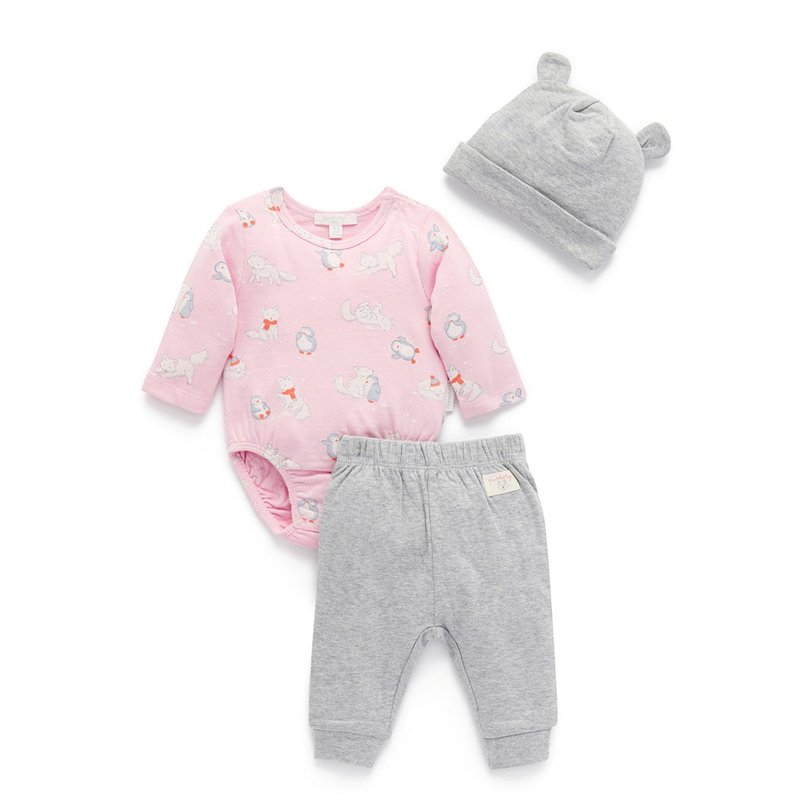 澳洲Purebaby有机棉婴儿包屁衣裤 3件组/弥月礼 粉色狐狸 - 满月礼盒 - 棉．麻 