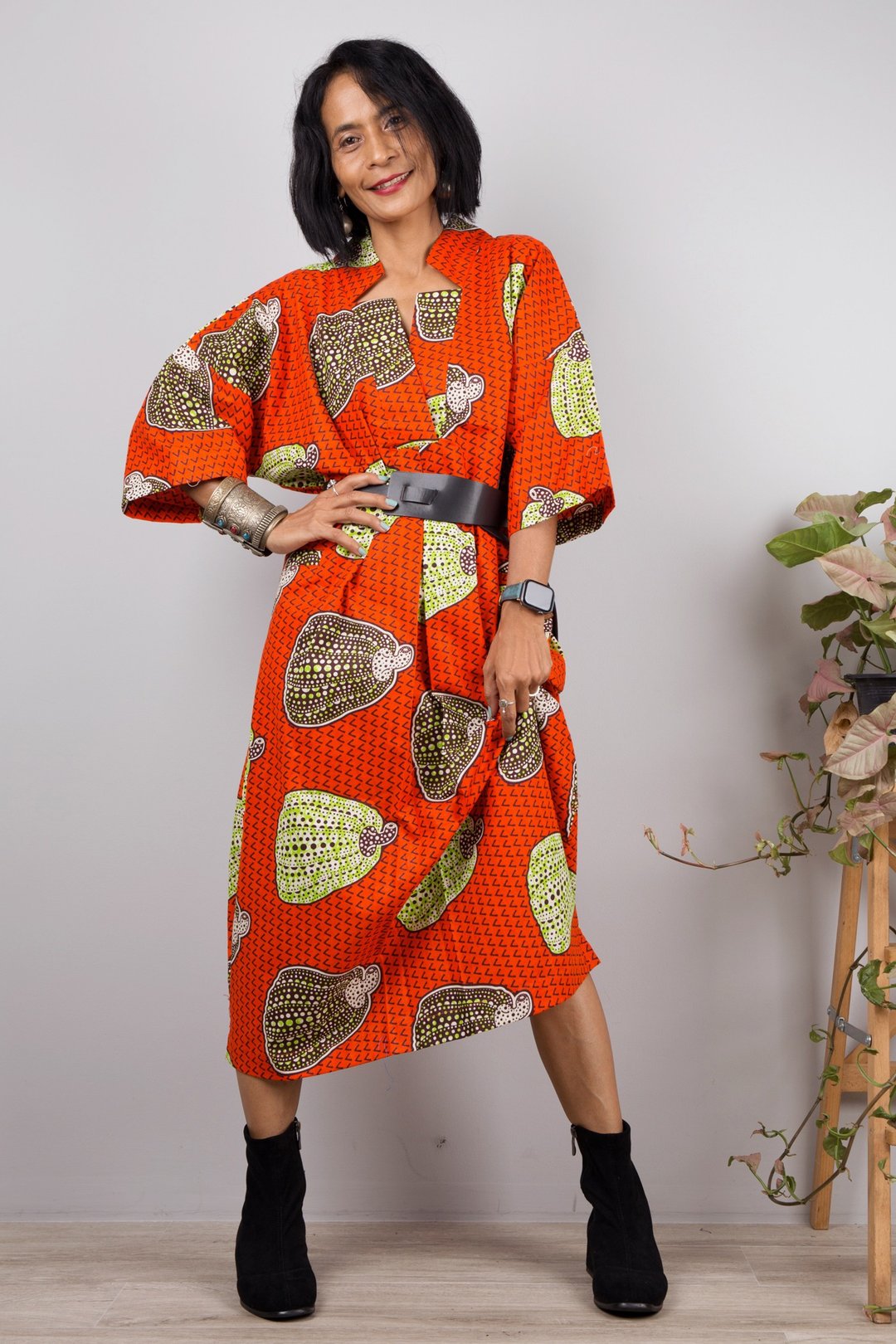 Midi Ankara loose fit dress with pockets, one-piece dress , unique design - 洋装/连衣裙 - 棉 红色