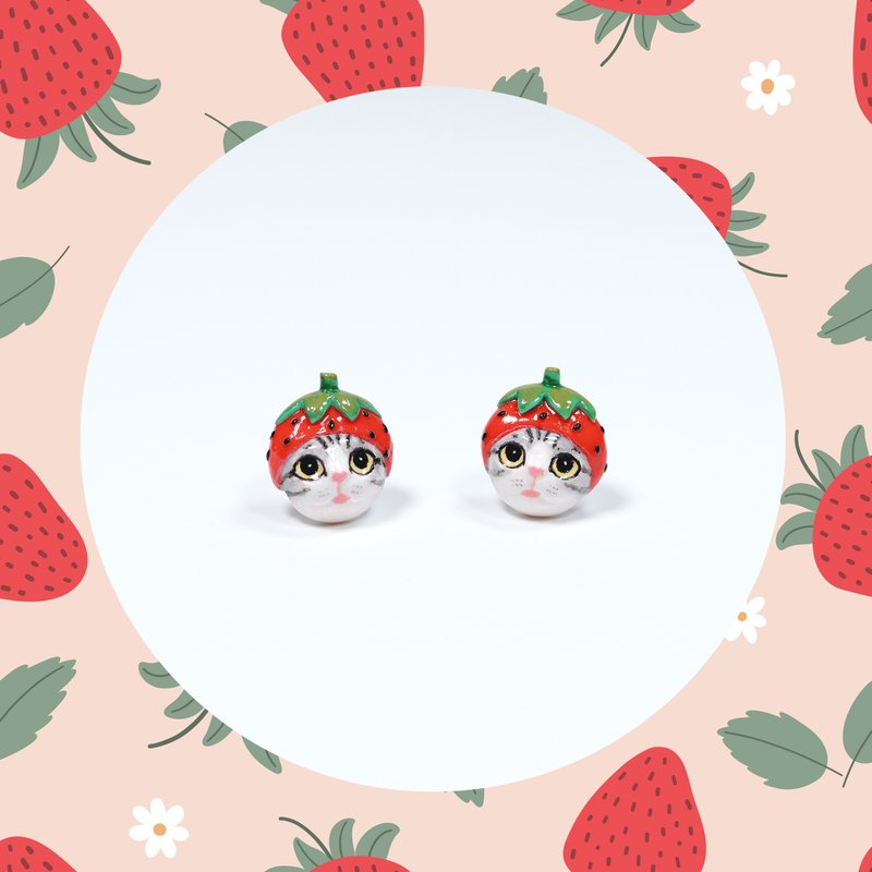 Strawberry Cat Earrings, Cat Stud Earrings, Strawberry Earrings, cat lover gifts - 耳环/耳夹 - 粘土 红色