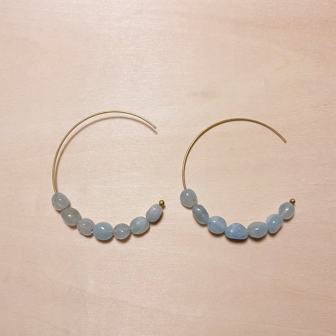 复古海蓝宝C形黄铜细耳环 - 耳环/耳夹 - 水晶 蓝色