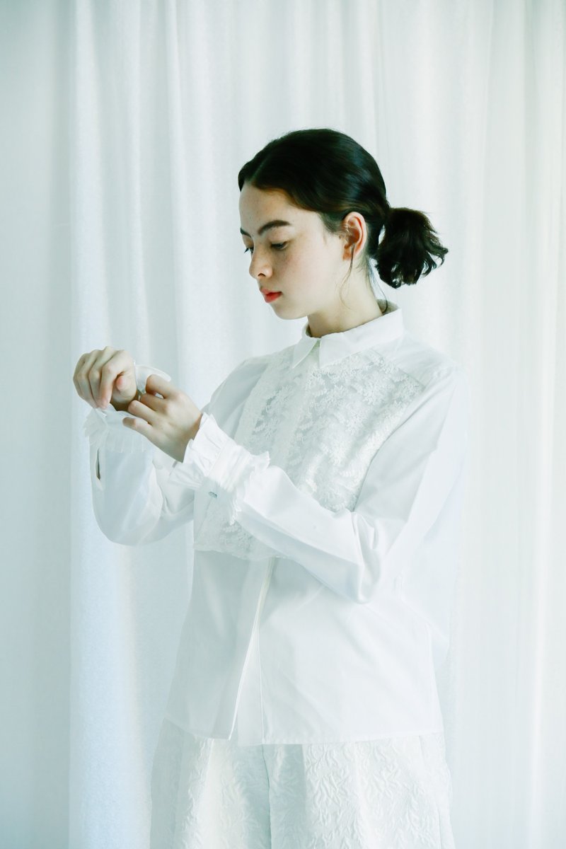 活动式拼幅衬衫 - 女装衬衫 - 棉．麻 白色