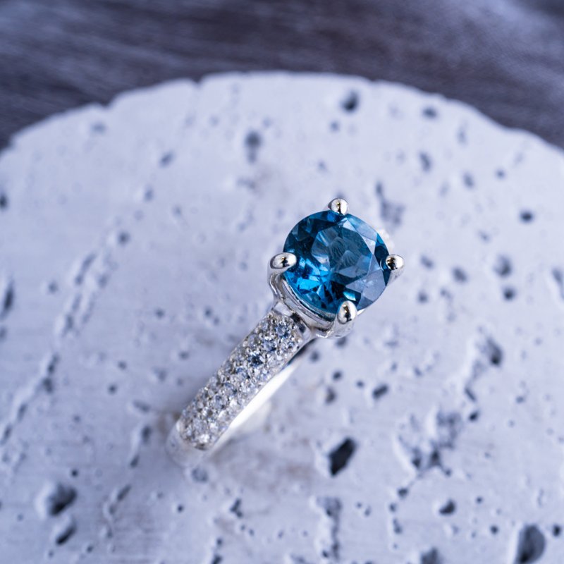 铺镶 伦敦蓝托帕石 锆石 SV925 戒指 可刻字・周年纪念礼 S-108 - 戒指 - 其他金属 银色