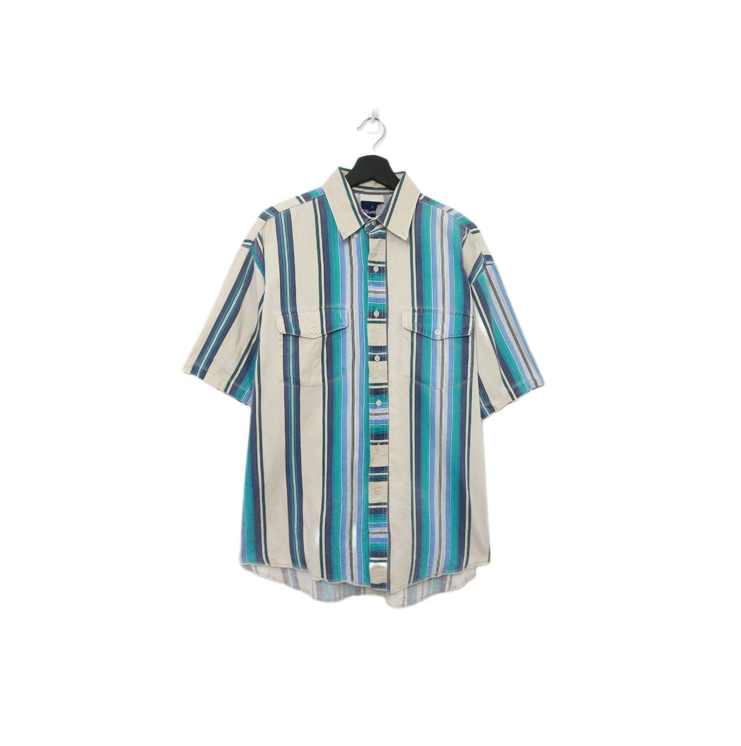 Back to Green-条纹短袖衬衫 青蓝淡紫 线条TS-05/vintage shirt - 男装衬衫 - 棉 