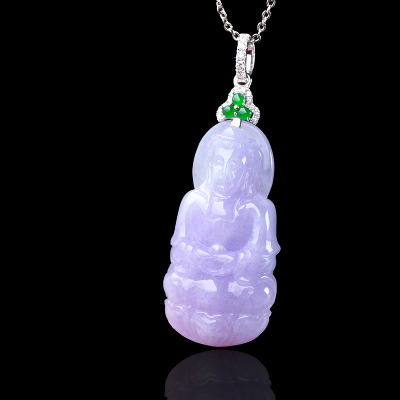 紫罗兰翡翠观音菩萨项链 18K金钻石 | 天然缅甸玉翡翠A货 | 送礼 - 项链 - 玉石 紫色