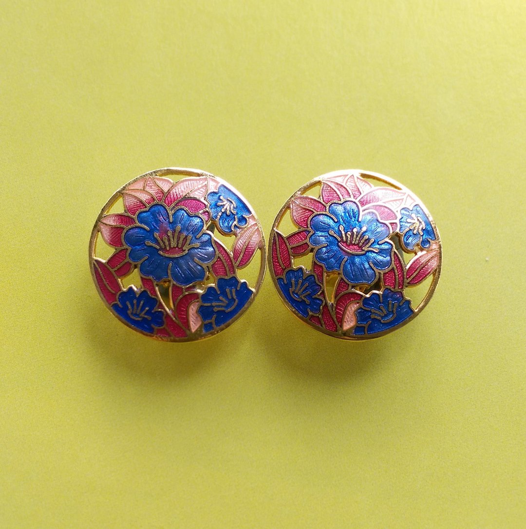 【西洋古董饰品 】景泰蓝 红叶蓝花  花卉 夹式耳环 - 耳环/耳夹 - 其他材质 金色