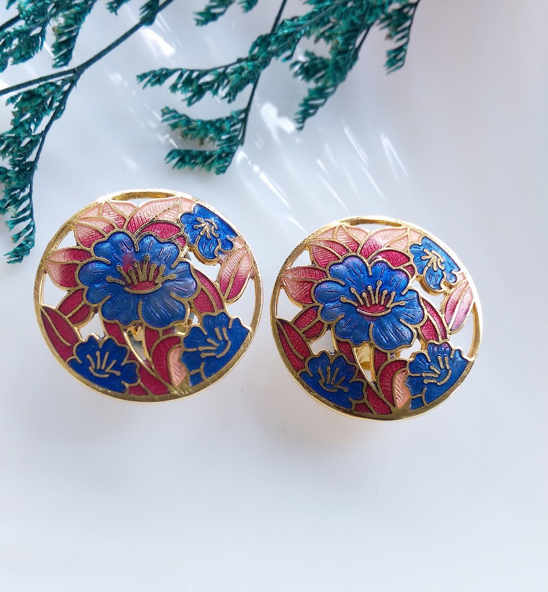 Vintage Jewelry  景泰蓝 红叶蓝花  花卉 夹式耳环 - 耳环/耳夹 - 其他材质 金色