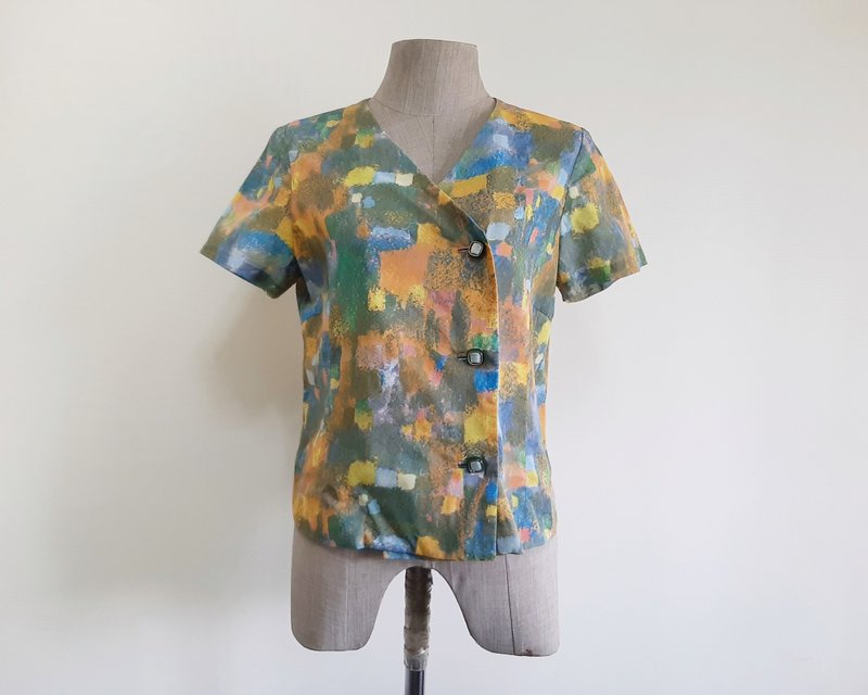 复古抽象印花女士短袖上衣 S 码 - 女装上衣 - 棉．麻 多色