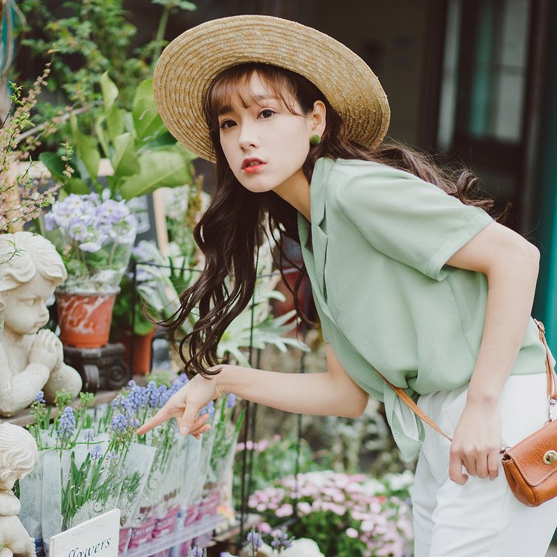 安妮陈2017夏装新款女士西装领小木扣上衣衬衫衬衣 - 女装衬衫 - 聚酯纤维 绿色