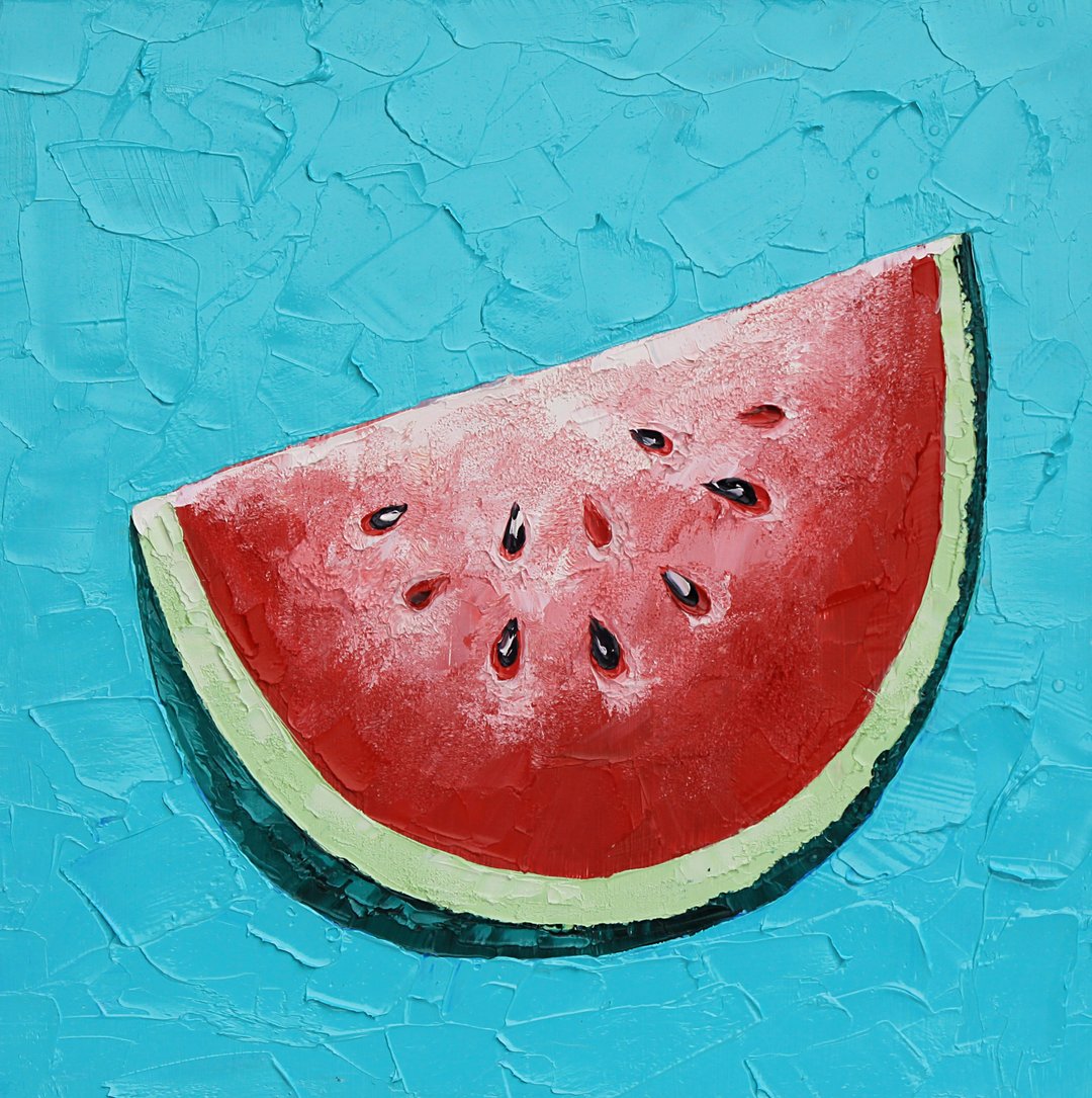 Watermelon Painting Fruit Still Life Original Art Kitchen Wall Art Small Oil Art - 海报/装饰画/版画 - 其他材质 蓝色