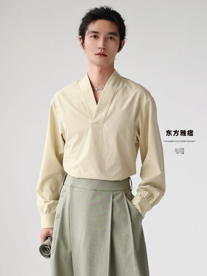 乱山昏东方雅痞新中式国风原创浅黄色小交领V领通勤长袖衬衫男薄 - 男装衬衫 - 其他材质 
