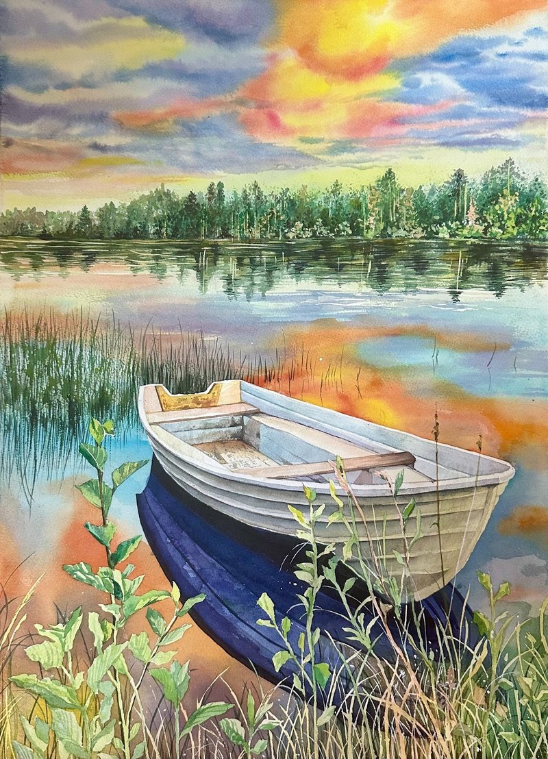 夕阳独舟-水彩风景画/纯手绘艺术画作/艺术挂画/精致居家装饰 - 海报/装饰画/版画 - 纸 橘色