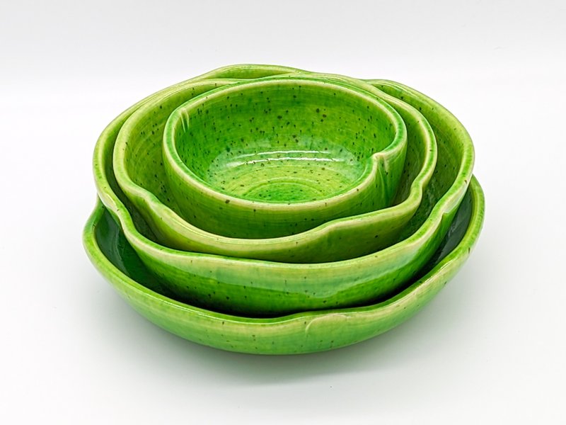 陶器 4 碗组、餐具组、手工陶瓷绿碗 - 浅碟/小碟子 - 陶 绿色