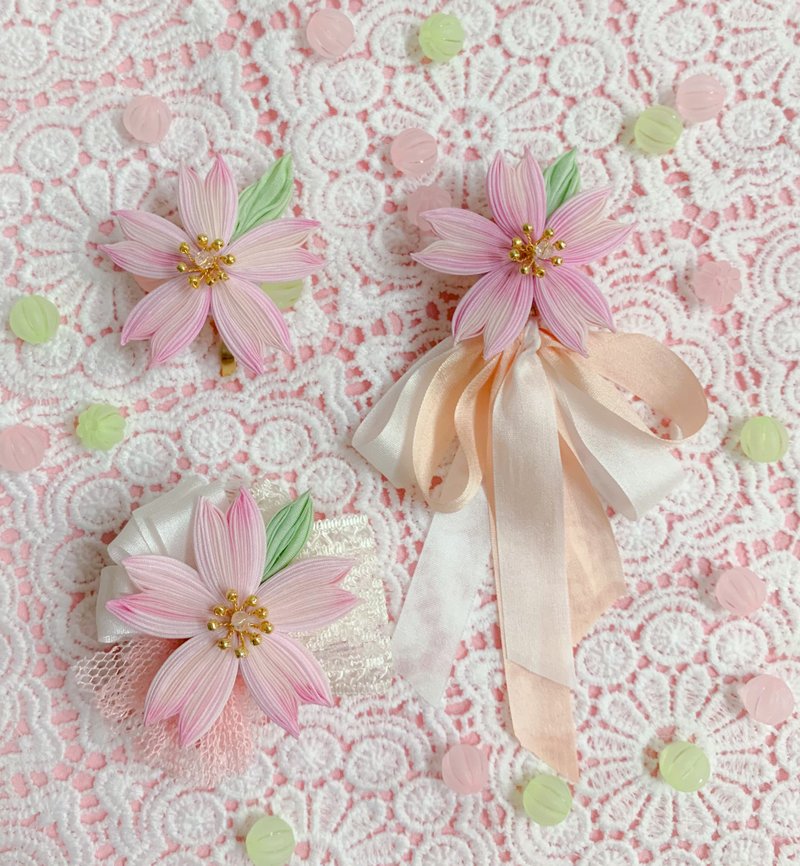 (樱さくら 2021) 细工布花 发饰/马尾扣 つまみ细工 - 发饰 - 棉．麻 粉红色