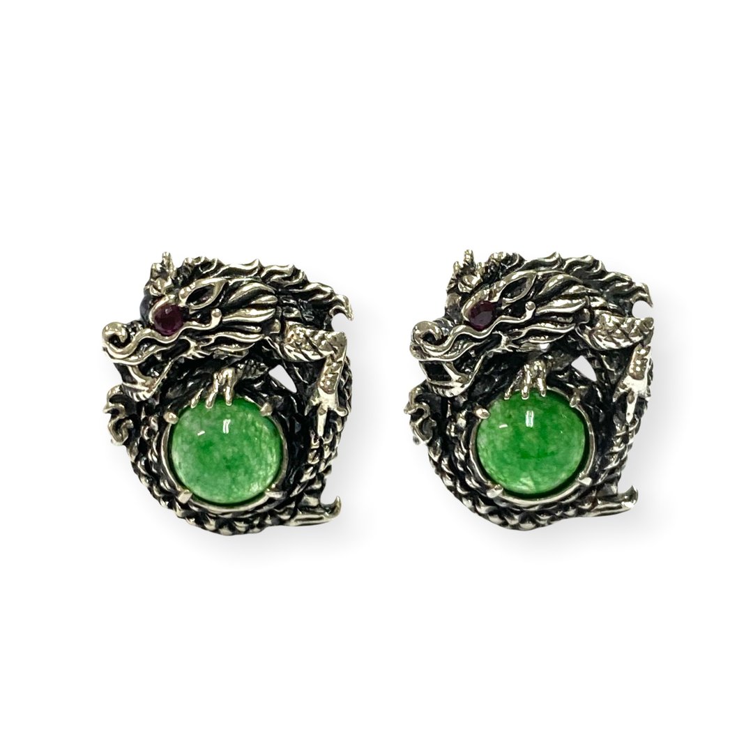 Vintage Jade Dragon & Ruby Stone Wedding Cufflinks For Groom 925 Sterling Silver - 袖扣 - 纯银 银色