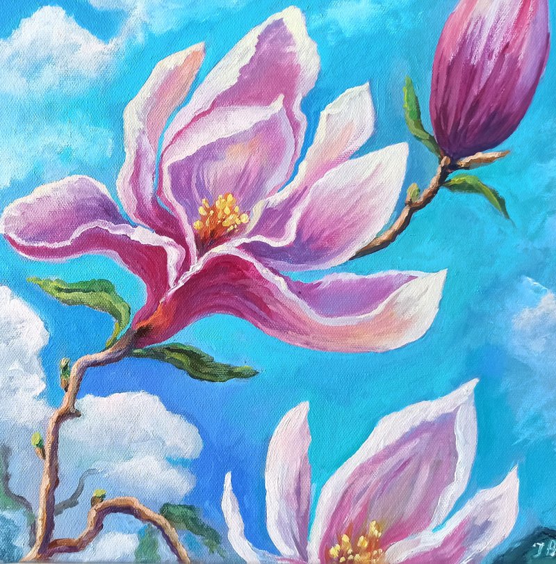 粉红木兰花油画 30x30 厘米 花卉 原创艺术 花卉艺术品 - 墙贴/壁贴 - 其他材质 