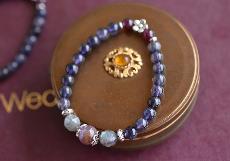堇青石+紫钛晶+拉长石纯银花朵手链 - 手链/手环 - 水晶 紫色