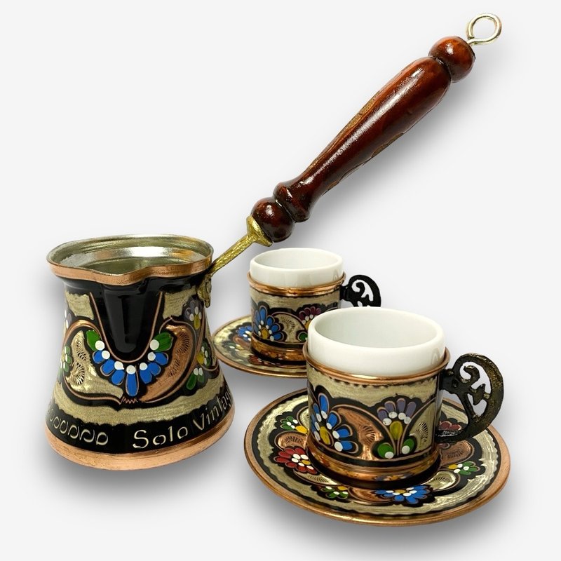 SOLO欧洲家居 - 土耳其手工铜雕 釉彩2杯1壶 (加赠土耳其咖啡粉) - 咖啡壶/周边 - 铜/黄铜 咖啡色