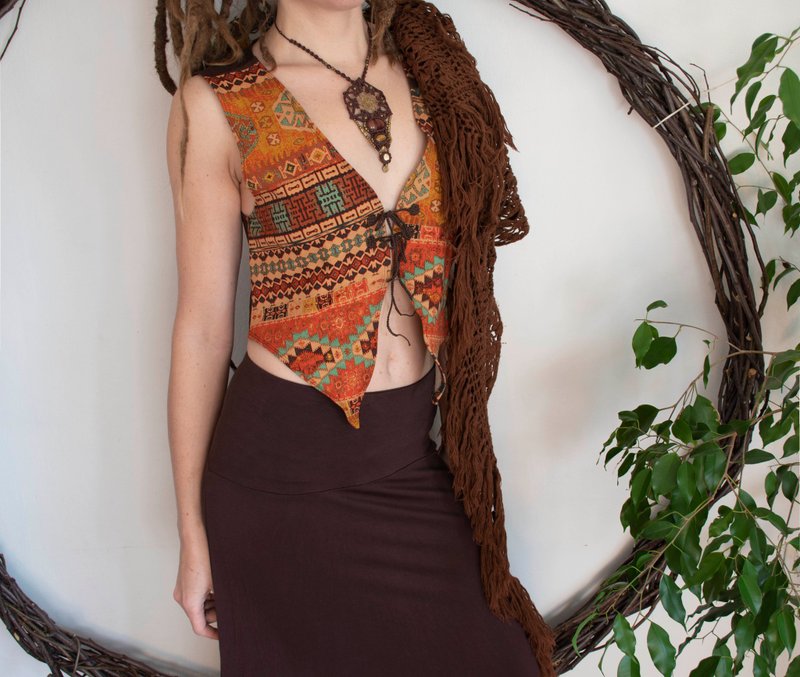 棕橘色部落图腾印花背心、亚麻上衣、林地风格背心 - 女装背心 - 棉．麻 咖啡色