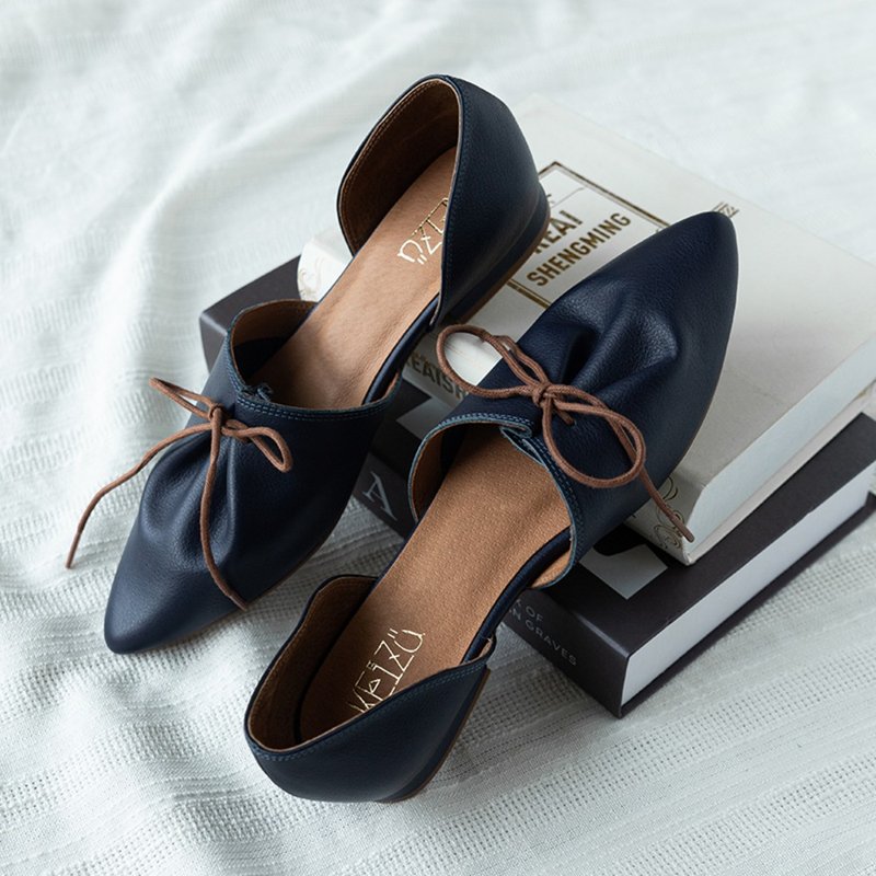 篓空绑带真皮平底鞋 | 蓝 | 台湾手工鞋MIT - 芭蕾鞋/娃娃鞋 - 真皮 蓝色