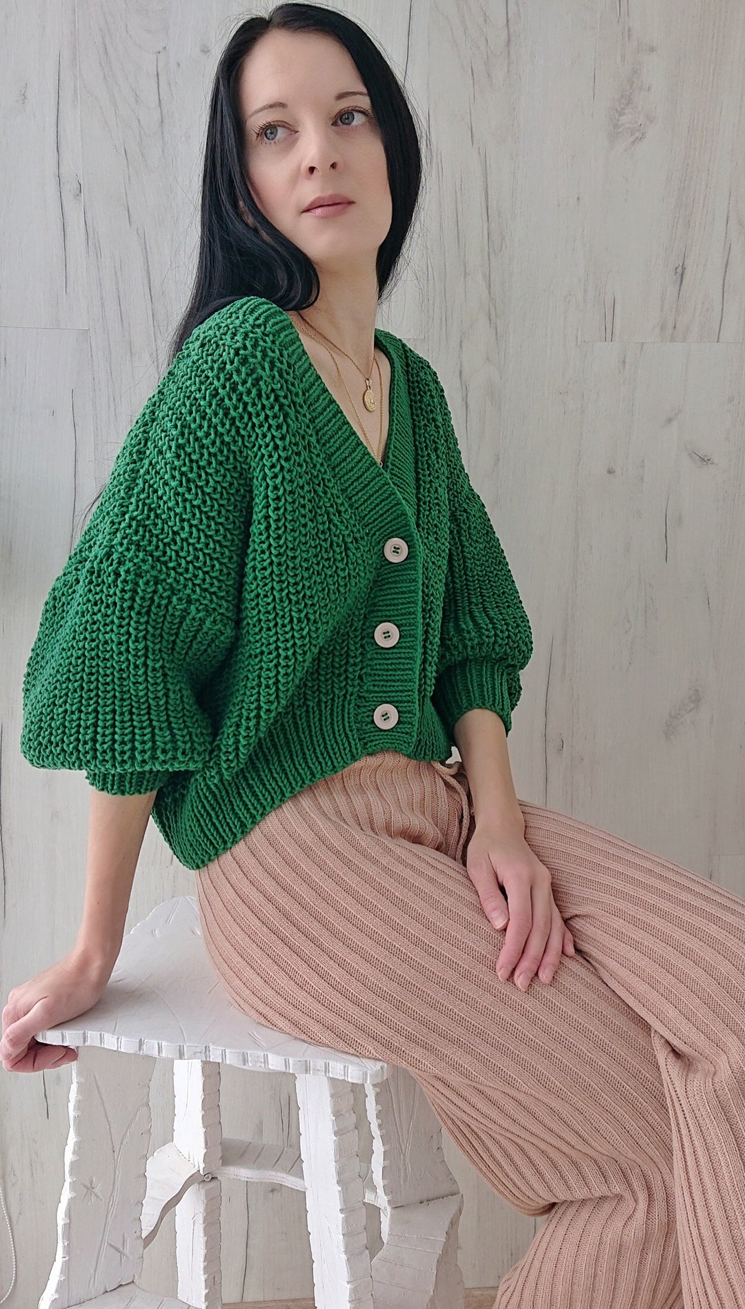 Green V neck cardigan Rib knit lacket Puff sleeve blouse Cotton sweater buttons - 女装针织衫/毛衣 - 棉 
