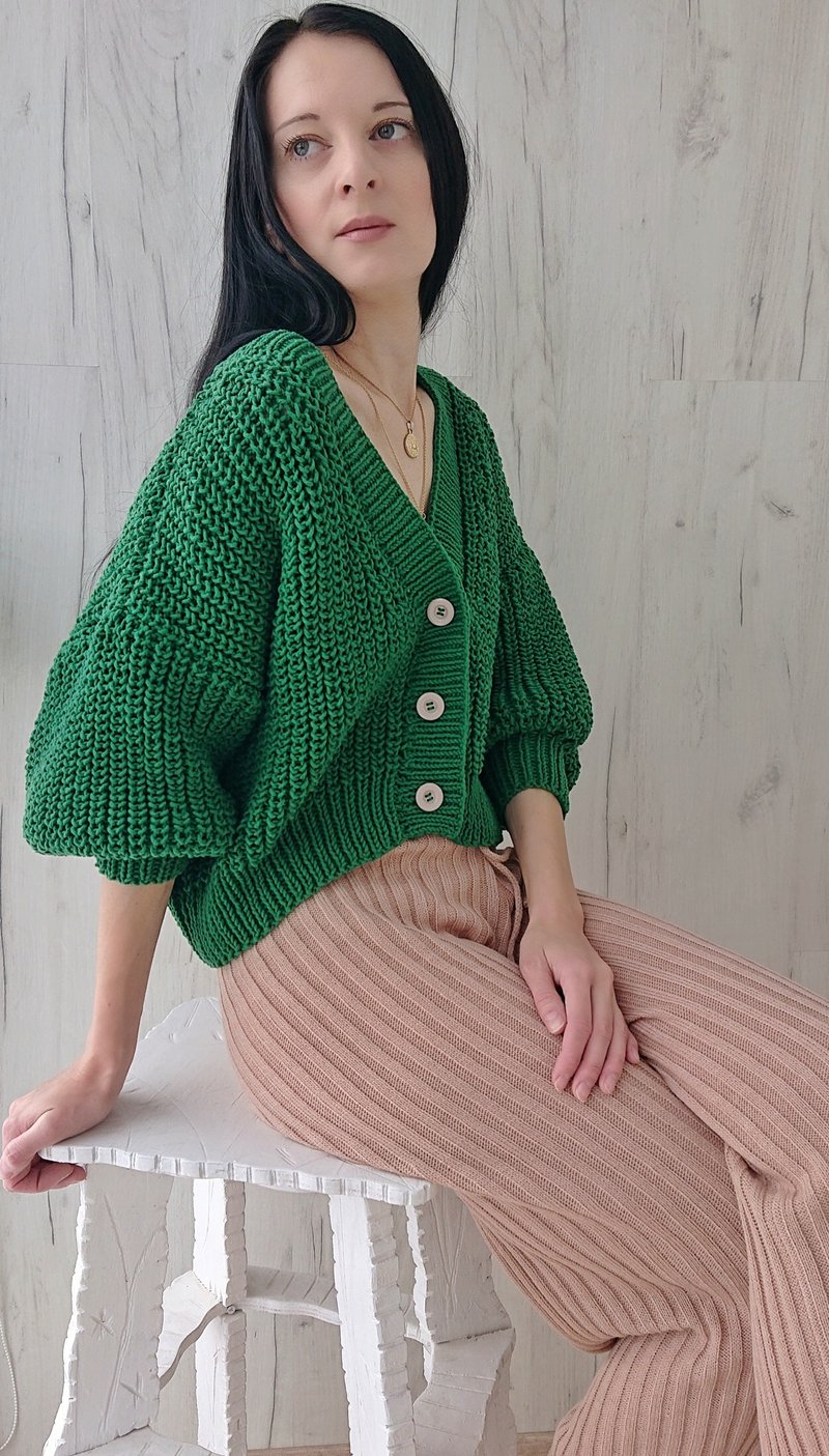 Green V neck cardigan Rib knit lacket Puff sleeve blouse Cotton sweater buttons - 女装针织衫/毛衣 - 棉．麻 