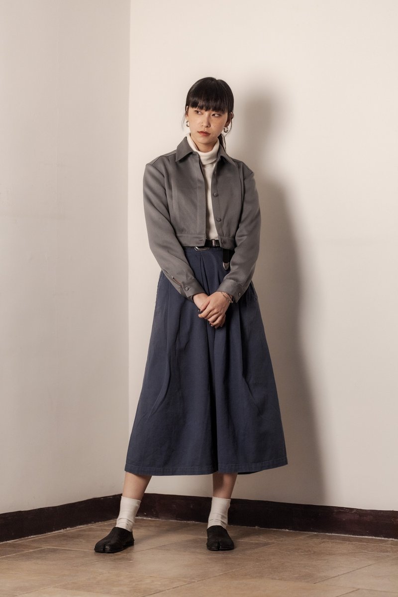 长䄂灰蓝短款裇衫 Long-Sleeve Shirt - 女装衬衫 - 其他材质 蓝色