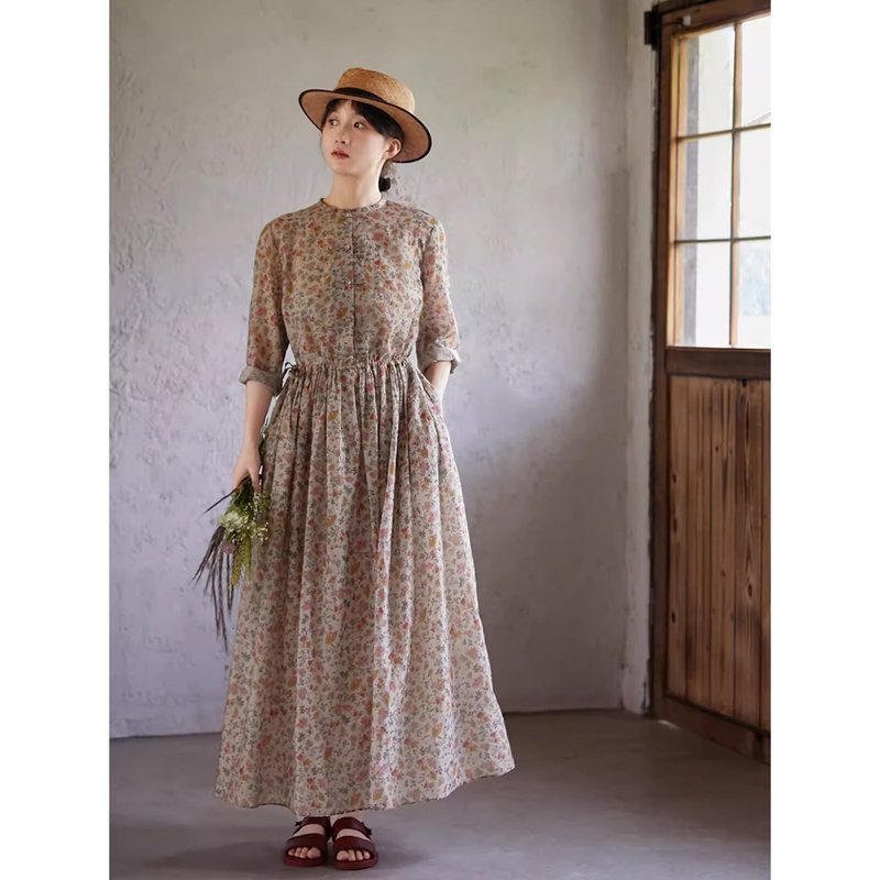 灰彩碎花桑蚕丝棉小立领中式连衣裙 - 洋装/连衣裙 - 丝．绢 