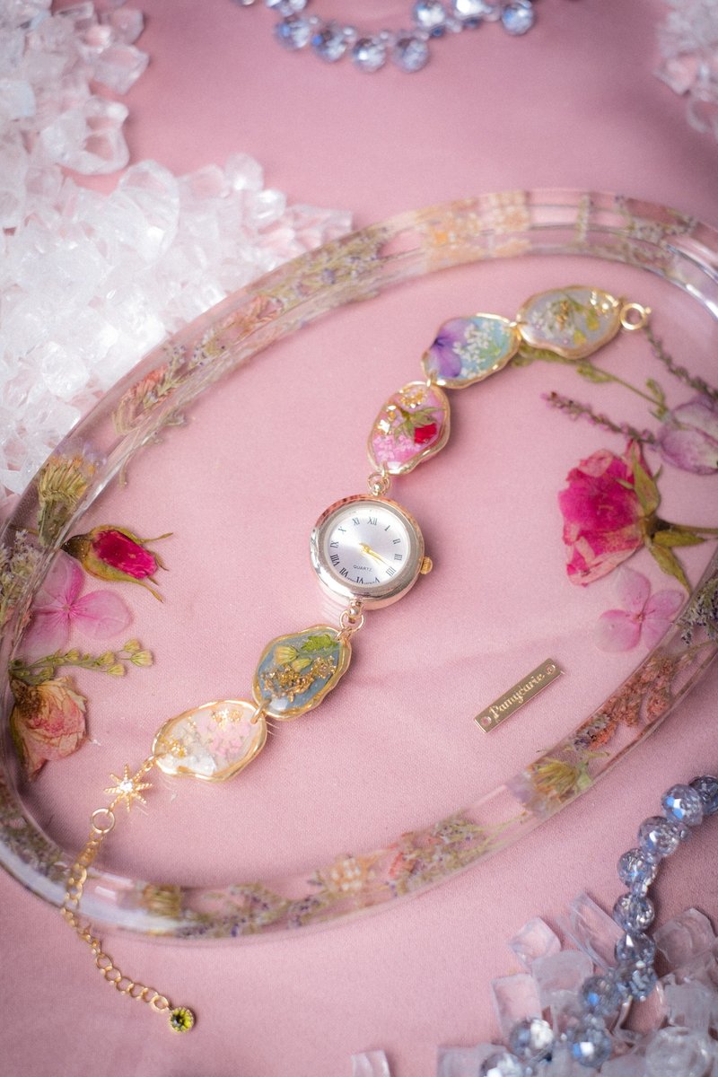 时间碎片植物押花迷你钟表手链 (日本制表面) - 女表 - 树脂 多色