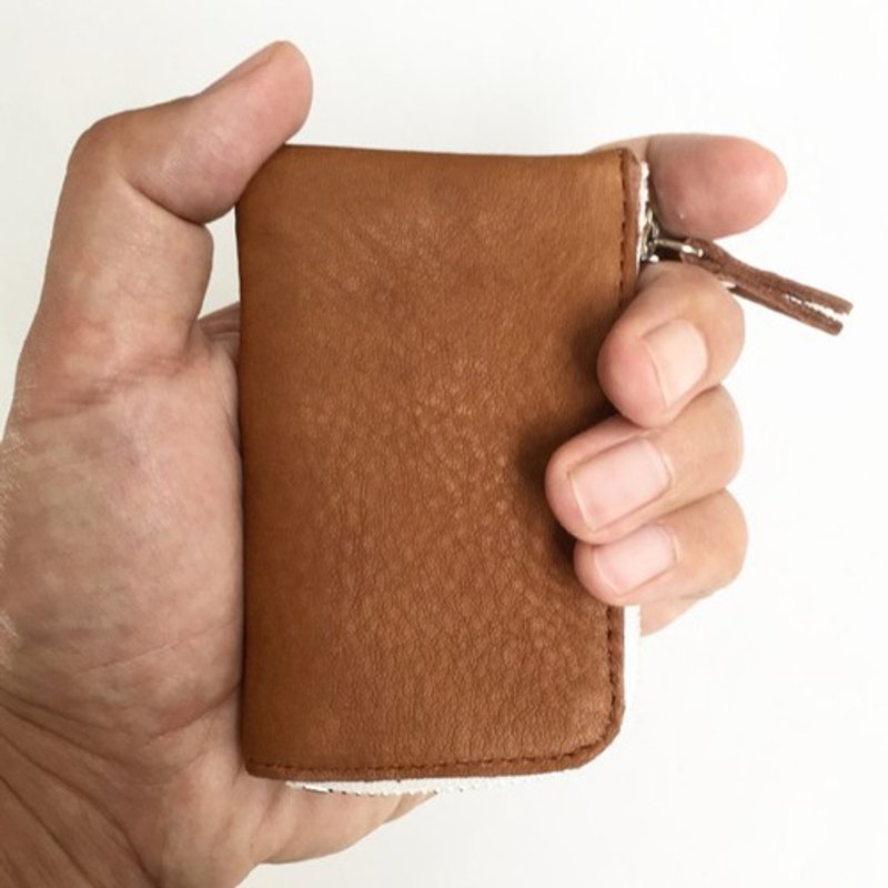 Minimal coin case of cow shrink leather and cow floor velor [Brown] - 零钱包 - 真皮 咖啡色