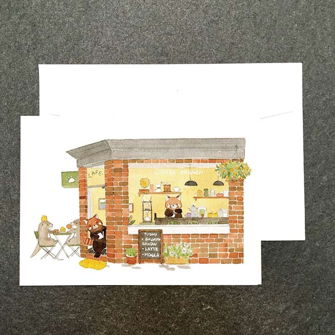 动物商店街の小熊猫Cafe水彩明信片 - 卡片/明信片 - 纸 