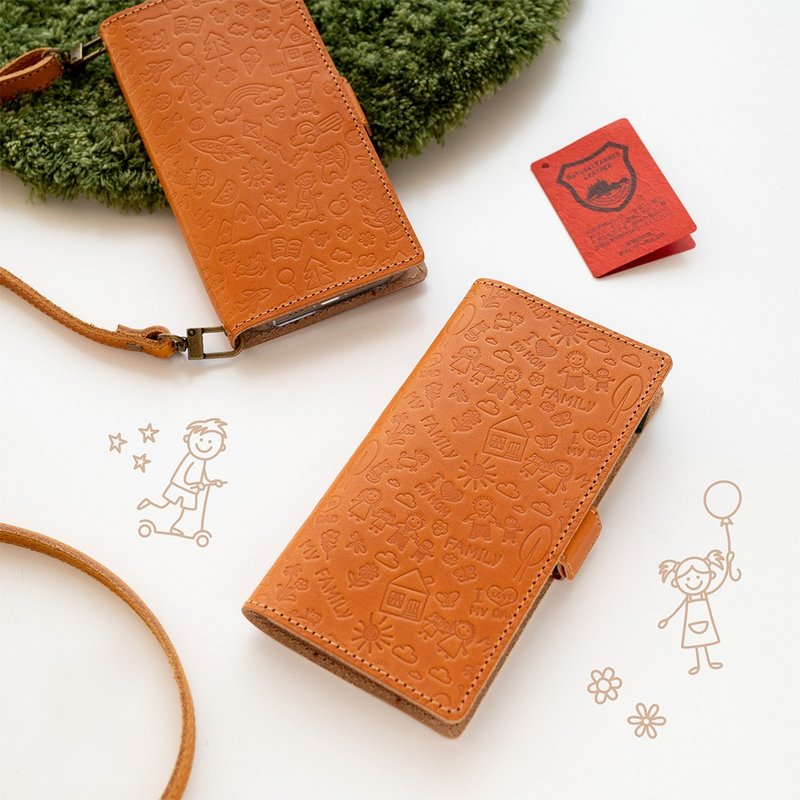 兼容于所有型号智慧型手机外壳，笔记本风格，牛仔裤[浮雕系列]免费送货，真皮智慧型手机单肩包 AG11K - 手机壳/手机套 - 真皮 咖啡色