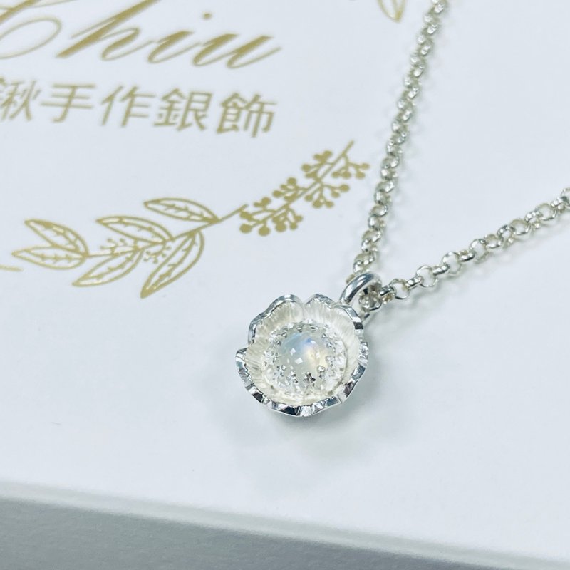 纯银 迷你 杓药花 花朵 月光石 项链 S393 - 项链 - 纯银 银色
